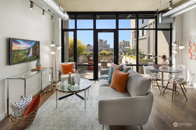 living room with a wall of windows and hardwood / wood-style flooring