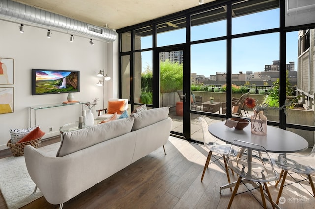 living room featuring a wall of windows, hardwood / wood-style floors, and a high ceiling