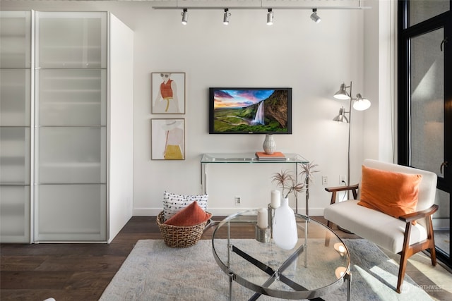 living area featuring track lighting and dark hardwood / wood-style flooring