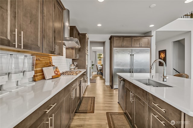 kitchen featuring light wood-type flooring, tasteful backsplash, wall chimney exhaust hood, stainless steel appliances, and sink