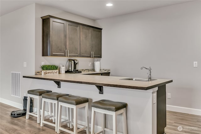 bar with dark brown cabinets, light wood-type flooring, and sink