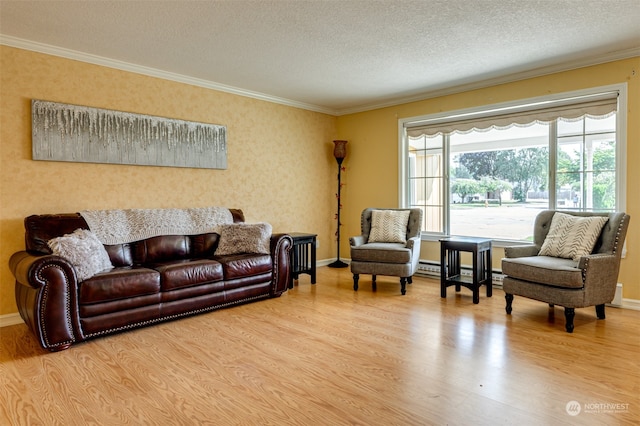 living room featuring light wood-type flooring, a textured ceiling, and ornamental molding