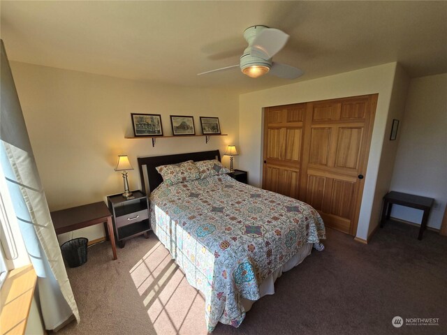538 Canal Dr NE, Ocean Shores, WA 98569 - bedroom with carpet flooring, a closet, and a ceiling fan