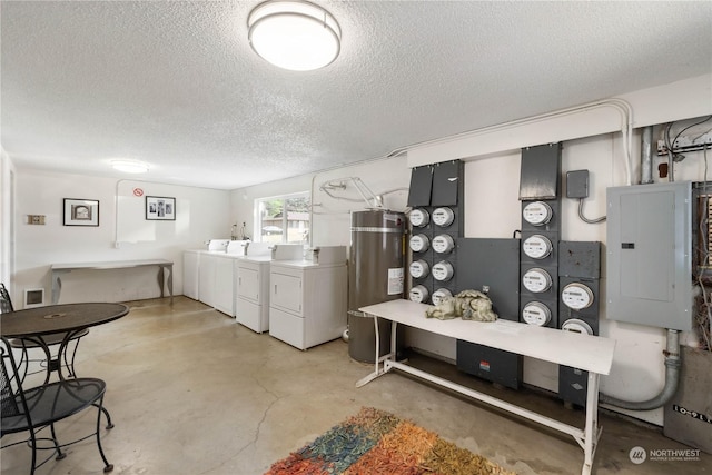 116 173rd St S, Spanaway, WA 98387 - basement with visible vents, electric panel, water heater, a textured ceiling, and washer and dryer