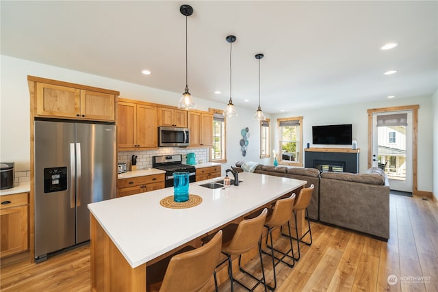 kitchen with a wealth of natural light, stainless steel appliances, sink, and light wood-type flooring