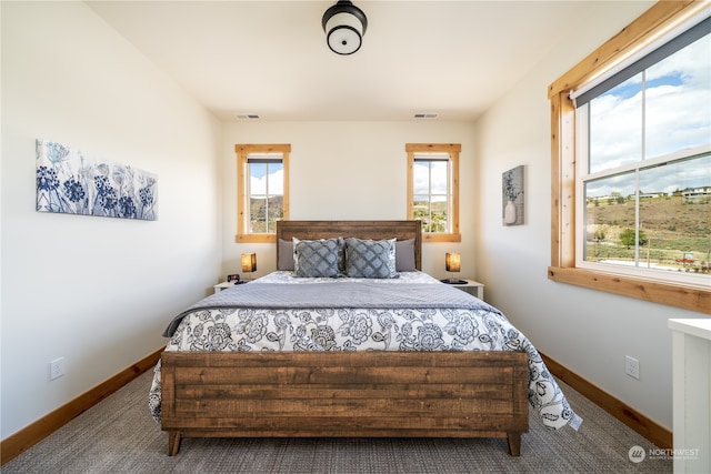 carpeted bedroom featuring multiple windows