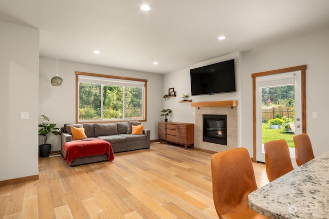 living room featuring a wealth of natural light, light hardwood / wood-style flooring, and a fireplace