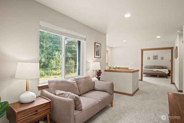 living room featuring light colored carpet