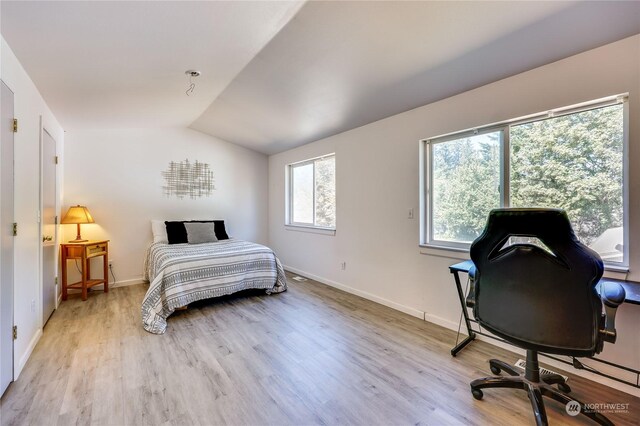 bedroom with light hardwood / wood-style flooring, vaulted ceiling, and multiple windows