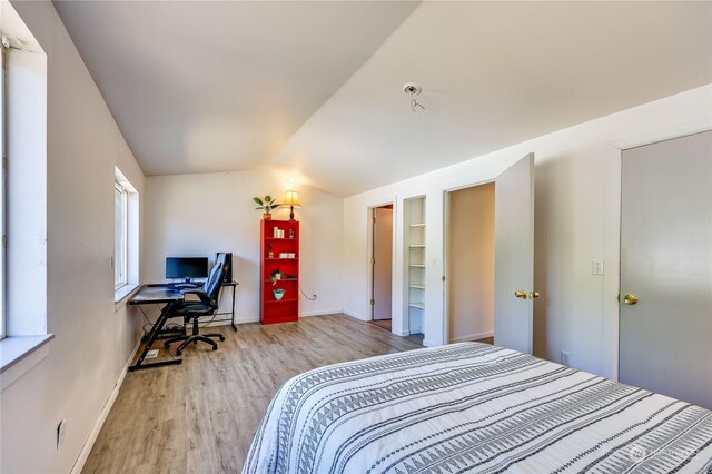 bedroom featuring lofted ceiling, light hardwood / wood-style flooring, and a walk in closet