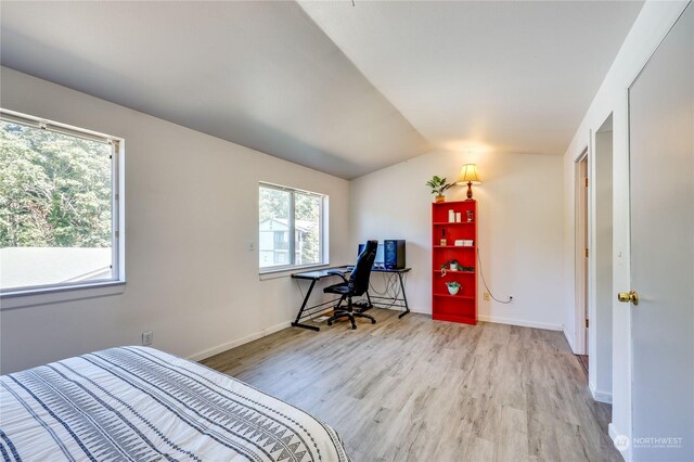 bedroom featuring light hardwood / wood-style flooring and vaulted ceiling