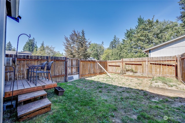 view of yard with a fenced backyard and a deck