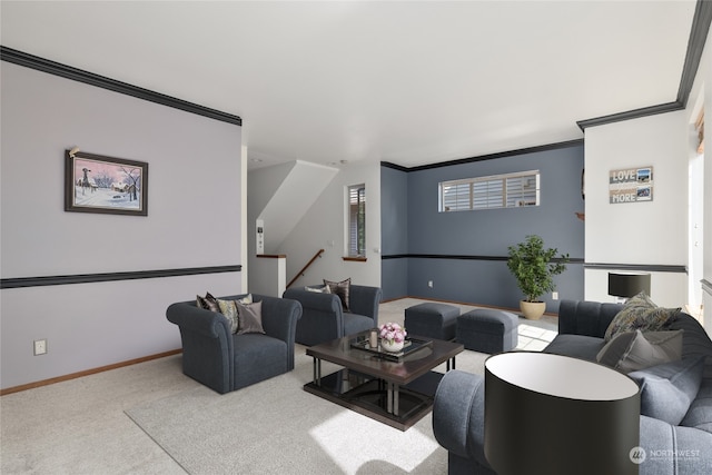 living room featuring ornamental molding and carpet floors