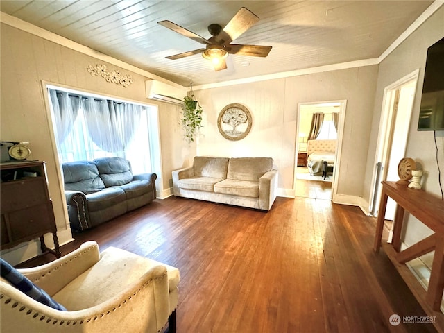 living room with dark wood-type flooring, ceiling fan, a wall mounted air conditioner, and ornamental molding