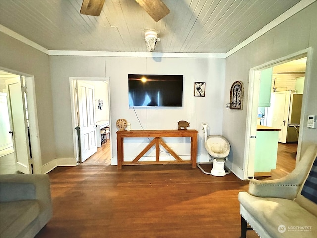 sitting room with crown molding, hardwood / wood-style flooring, ceiling fan, and wooden ceiling