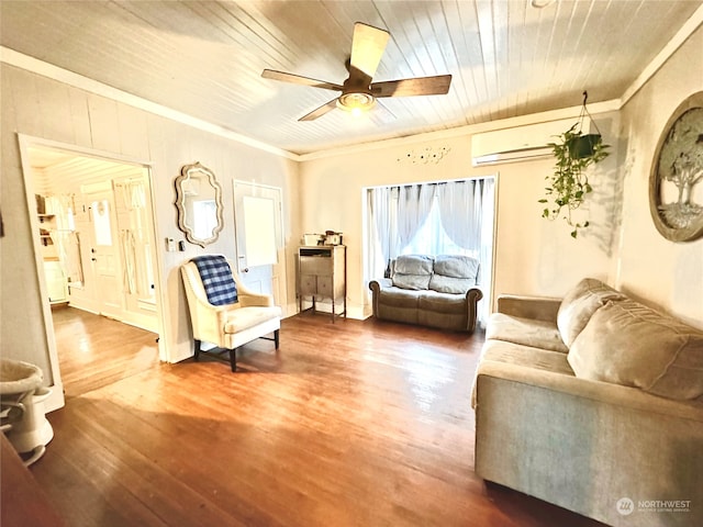 living room featuring hardwood / wood-style floors, ceiling fan, ornamental molding, and wooden ceiling