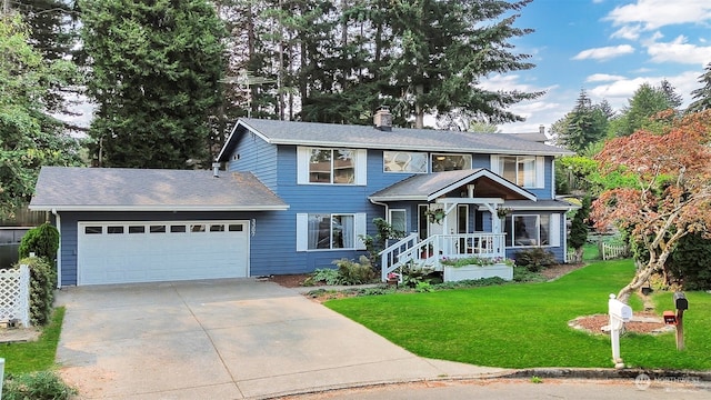 view of front of house featuring a garage, covered porch, and a front lawn