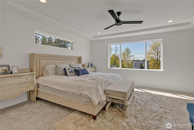 16212 76th Avenue Ct E, Puyallup, WA 98375 - bedroom featuring light carpet, a tray ceiling, recessed lighting, and ceiling fan
