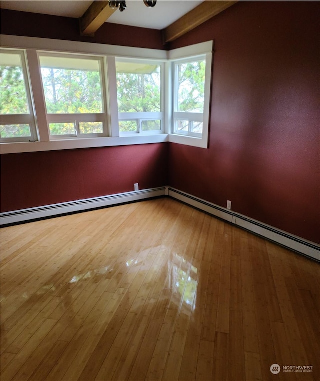 spare room featuring lofted ceiling with beams, hardwood / wood-style flooring, baseboard heating, and a wealth of natural light