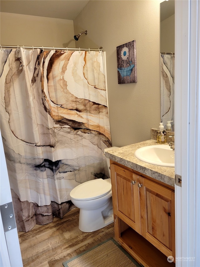 bathroom featuring a shower with shower curtain, vanity, toilet, and wood-type flooring