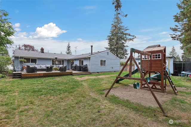 rear view of property with an outdoor living space, a playground, a trampoline, and a yard