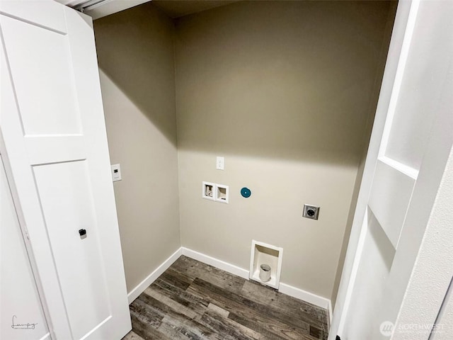 washroom with baseboards, dark wood finished floors, laundry area, electric dryer hookup, and washer hookup