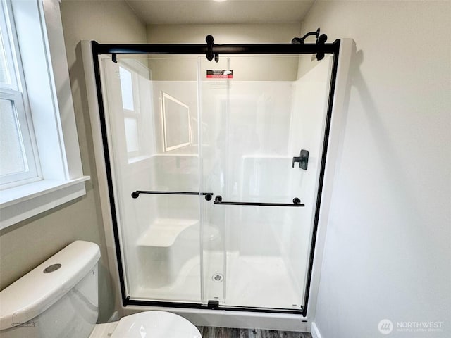 full bathroom with a shower stall and toilet