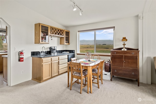 kitchen featuring a mountain view, lofted ceiling, sink, and light colored carpet