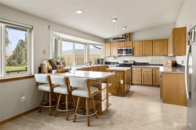 kitchen featuring a peninsula, baseboards, appliances with stainless steel finishes, lofted ceiling, and a sink