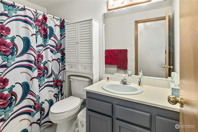 full bathroom featuring toilet, vanity, and a shower with shower curtain