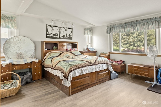 bedroom featuring lofted ceiling and wood finished floors