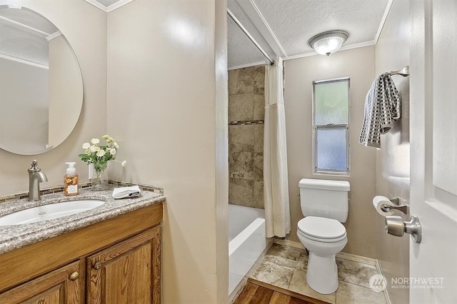 bathroom featuring a textured ceiling, toilet, vanity, ornamental molding, and shower / bath combo