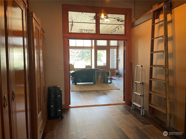 doorway featuring dark wood-type flooring and a notable chandelier