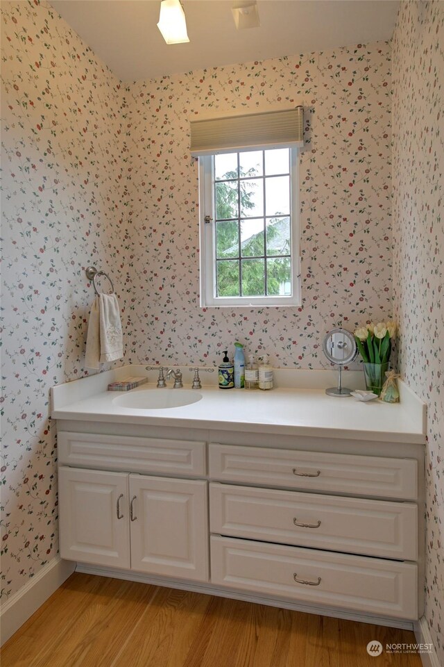 bathroom featuring vanity and wood-type flooring