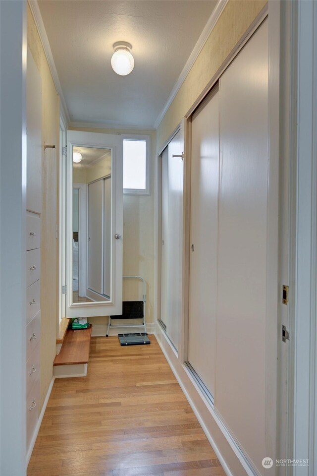 corridor featuring crown molding and light hardwood / wood-style flooring