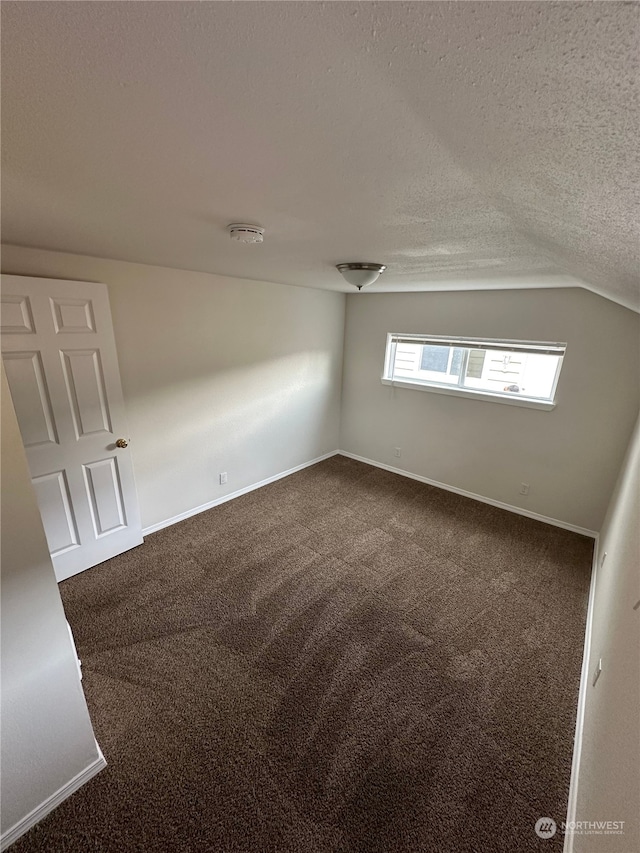 bonus room featuring carpet, vaulted ceiling, and a textured ceiling