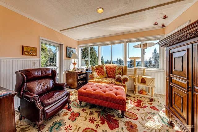 living area with ornamental molding and a textured ceiling