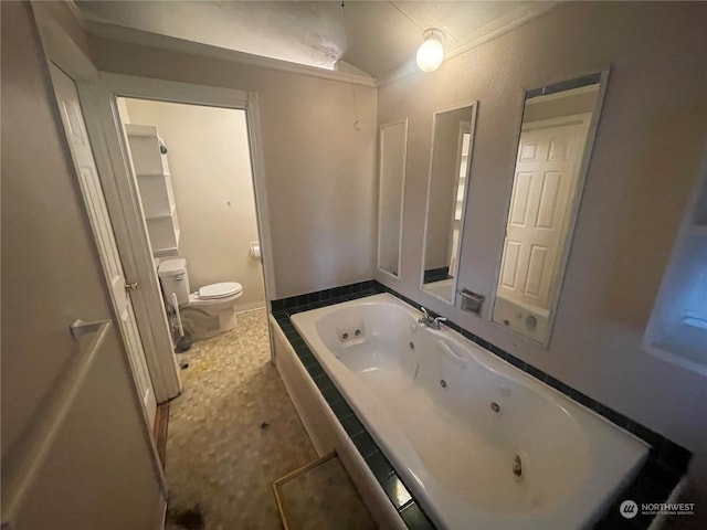 bathroom with toilet, tile patterned floors, lofted ceiling, and tiled bath