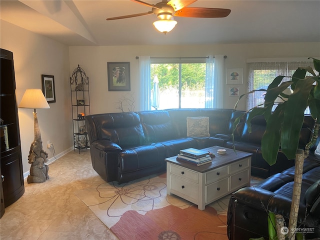 living room with ceiling fan