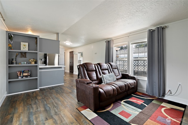 living area featuring dark hardwood / wood-style flooring and a textured ceiling