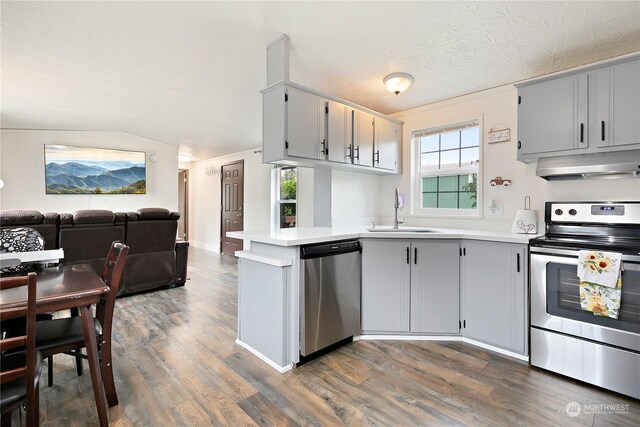 13708 108th Street Ct E Unit 4, Puyallup, WA 98374 - kitchen with under cabinet range hood, open floor plan, appliances with stainless steel finishes, a peninsula, and a sink