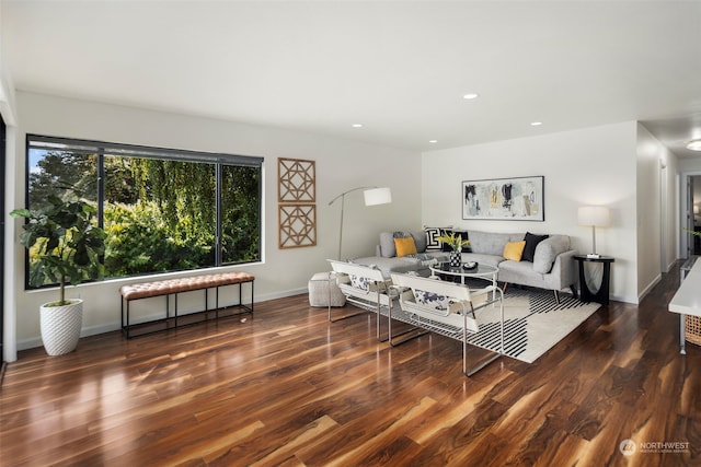 living area with recessed lighting, baseboards, and wood finished floors