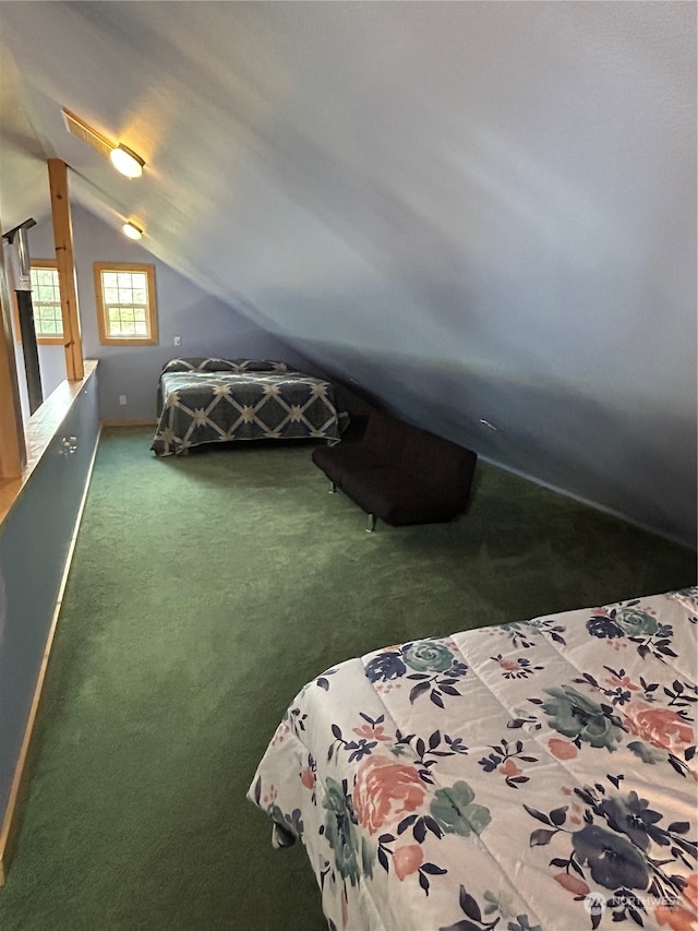 unfurnished bedroom with carpet flooring and lofted ceiling