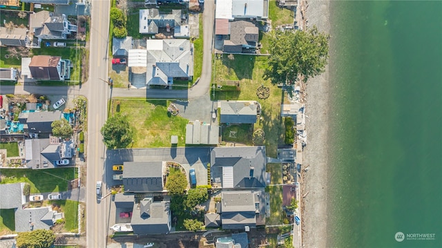 drone / aerial view featuring a water view