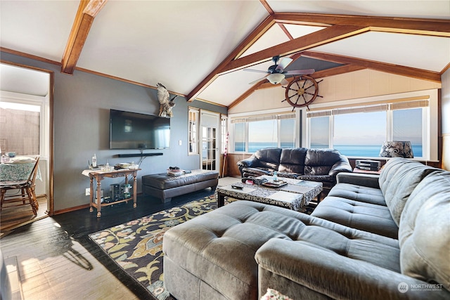 living room featuring ceiling fan, hardwood / wood-style floors, and vaulted ceiling with beams