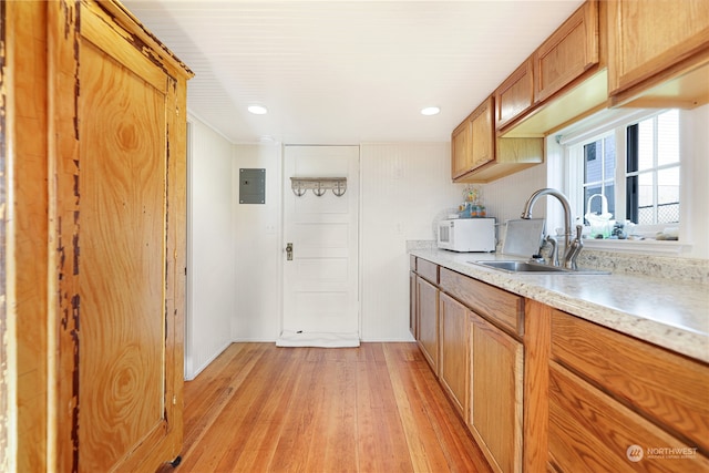 kitchen featuring light wood-type flooring, electric panel, crown molding, and sink