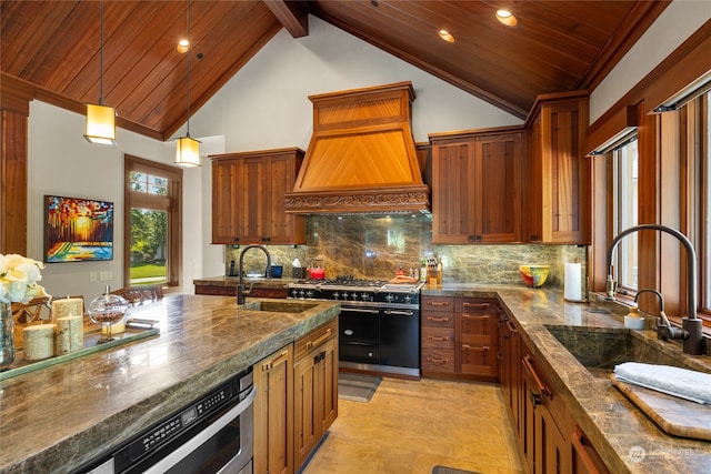 kitchen featuring pendant lighting, high end stove, wooden ceiling, and sink