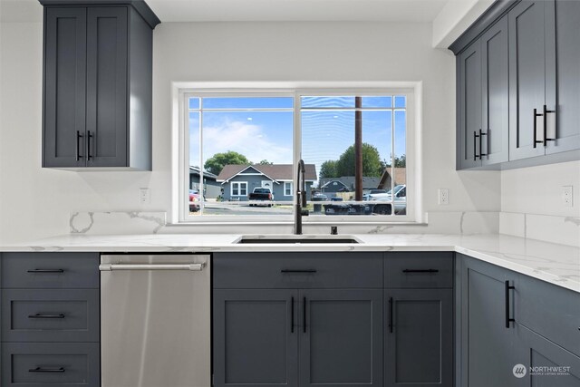 kitchen with a wealth of natural light, stainless steel dishwasher, gray cabinetry, and sink