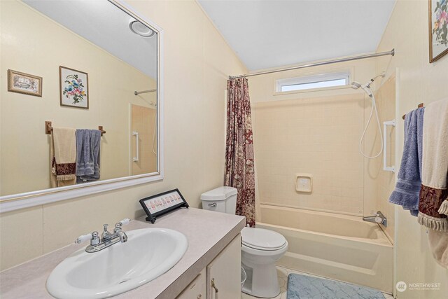 full bathroom with toilet, tile patterned flooring, vanity, vaulted ceiling, and shower / tub combo with curtain