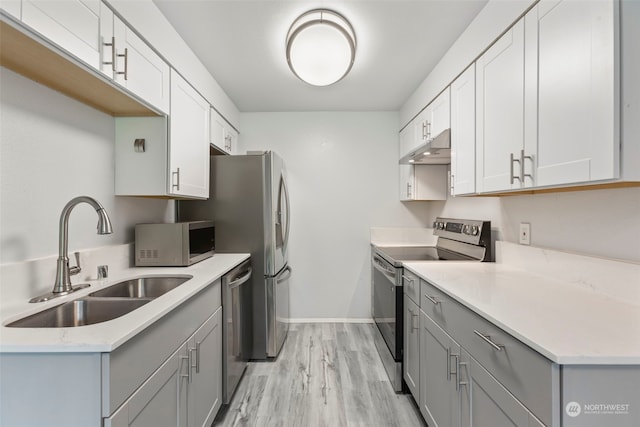 kitchen with light wood-type flooring, gray cabinetry, stainless steel appliances, sink, and white cabinetry